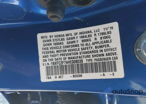 2017 Honda Civic Ex z USA, uszkodzony, nr VIN 19XFC2F74HE008039